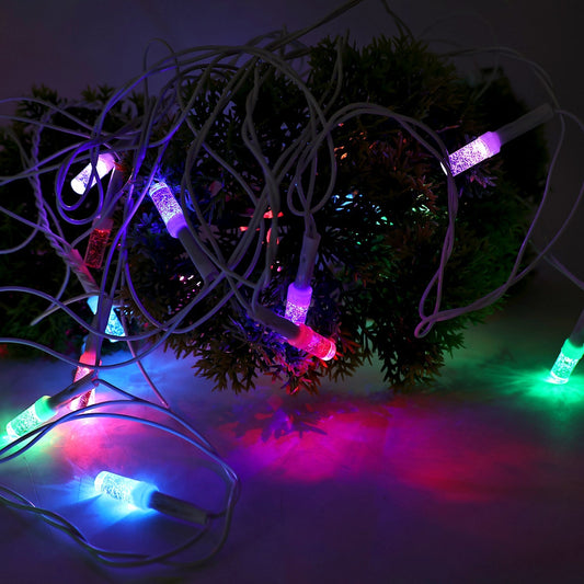 Close-up of LED twinkle string lights creating colorful decorative lighting