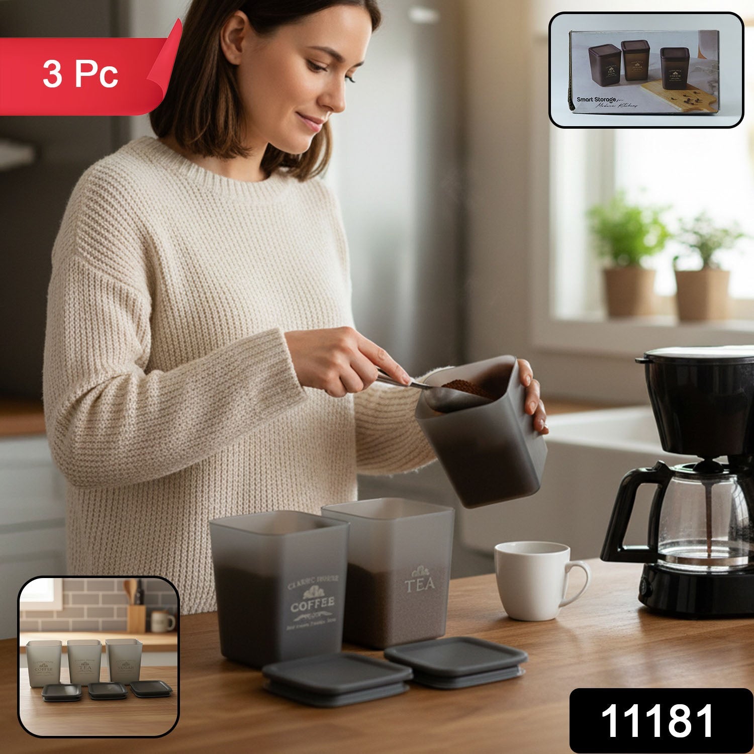 Three multipurpose plastic jars for pantry organization and kitchen storage