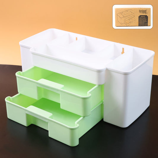 White desktop organizer with two drawers and top compartments on a light background.
