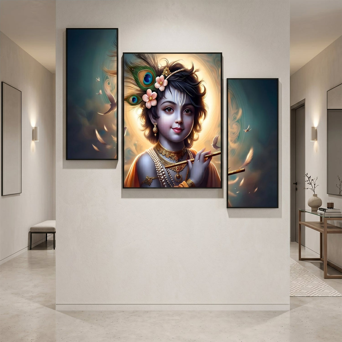 Divine Krishna flute wall art with vivid colors.