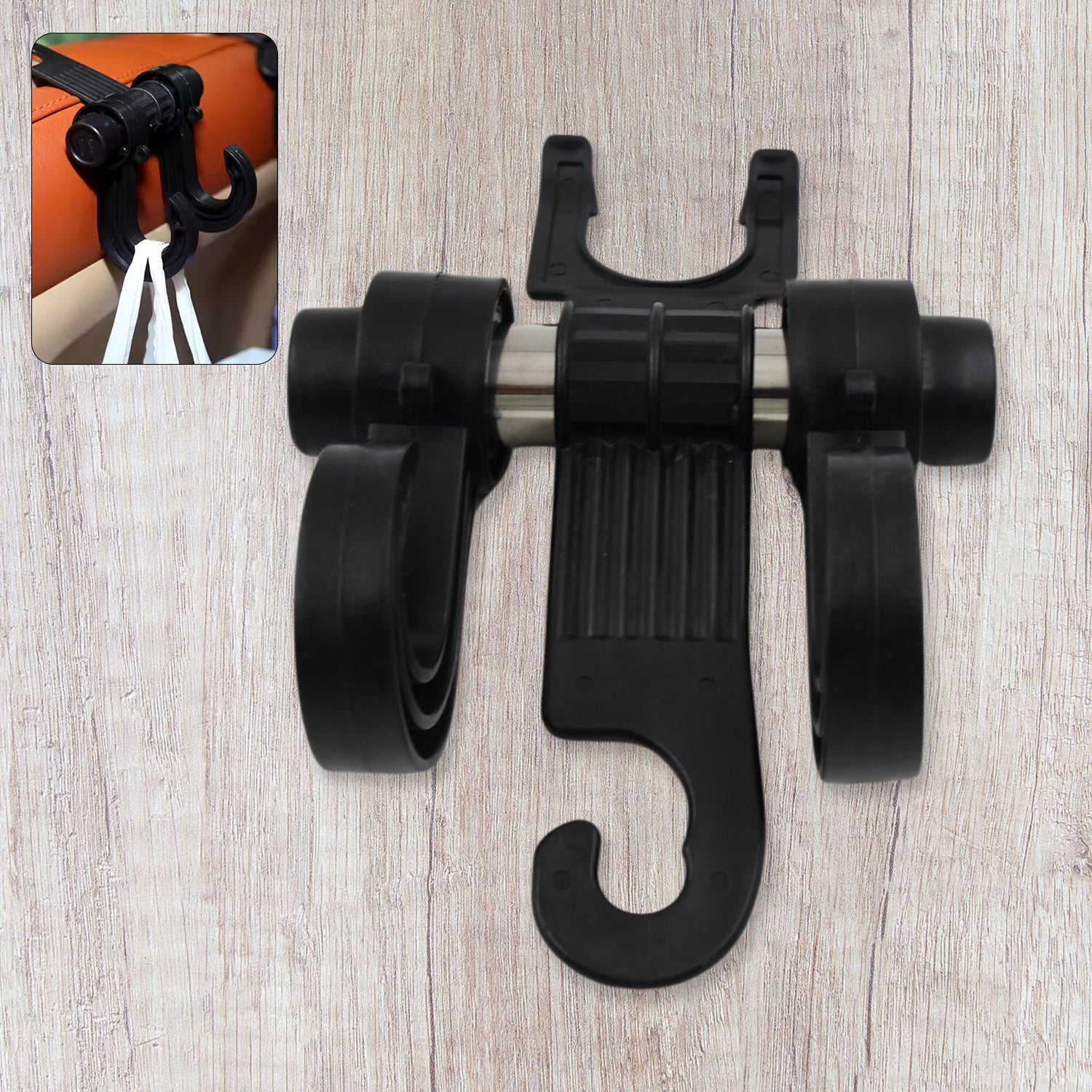 Durable Car Back Seat Organizer hook installed on a vehicle headrest.