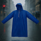 Blue waterproof hooded raincoat for men offering full upper body rain protection