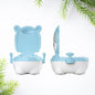 Baby potty training seat in white with blue accents, featuring a removable bowl.