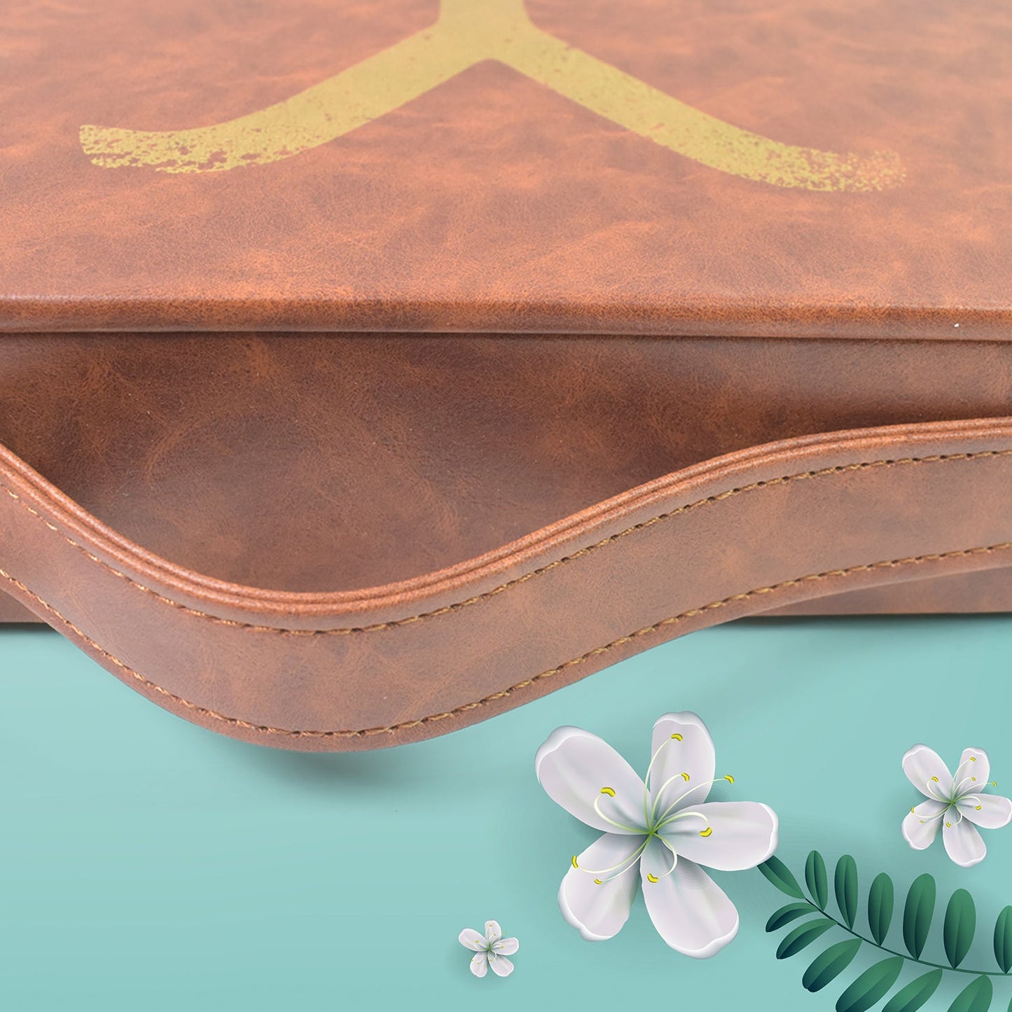 Open leather carrying case revealing its organised interior with protective lining.