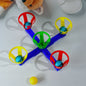 Kids enthusiastically playing with the colorful basketball toy set.