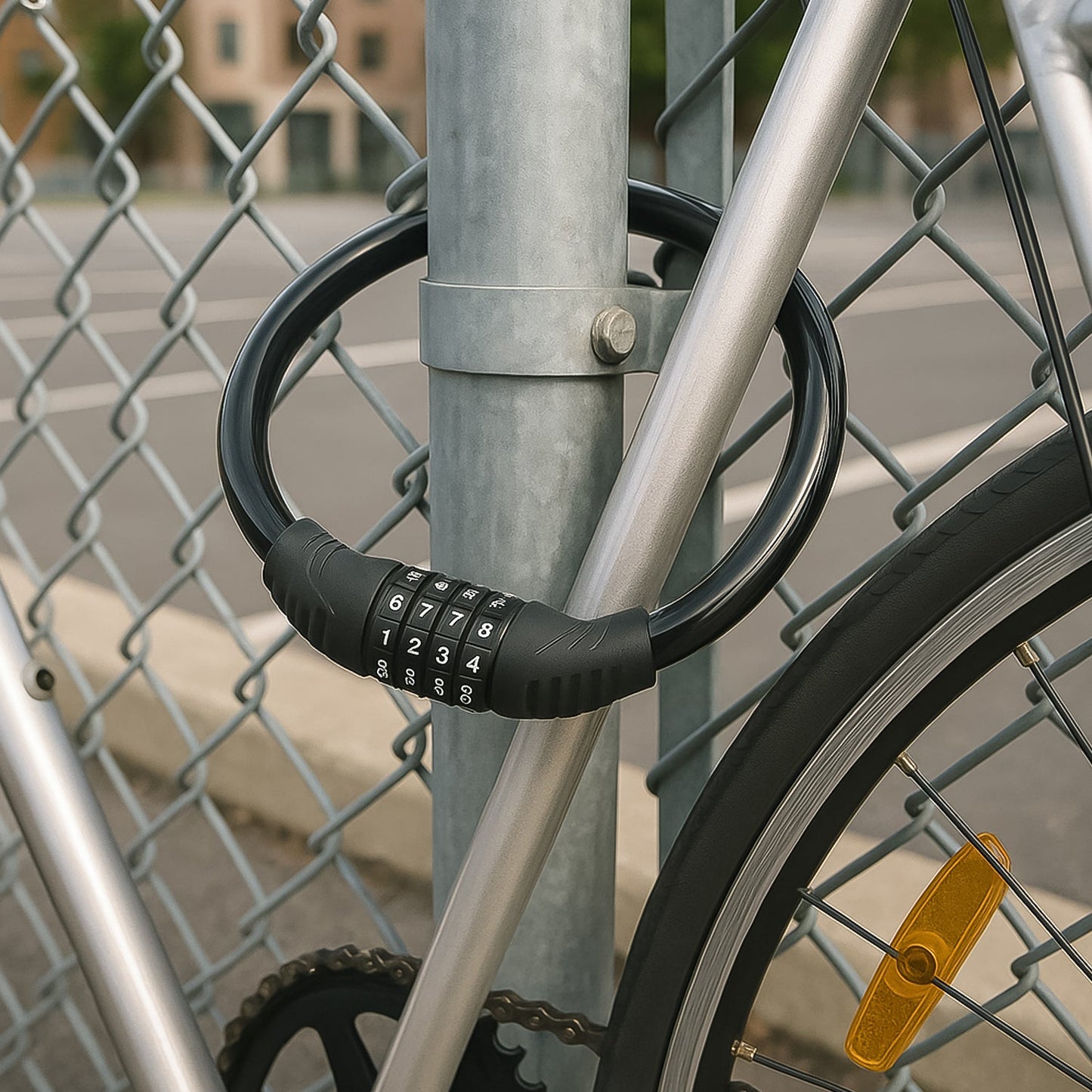 Bike lock cable with self coiling 4 digit combination lock close-up