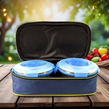 Complete Konvex tiffin box set, including two stainless steel boxes, insulated bag, spoon, and fork