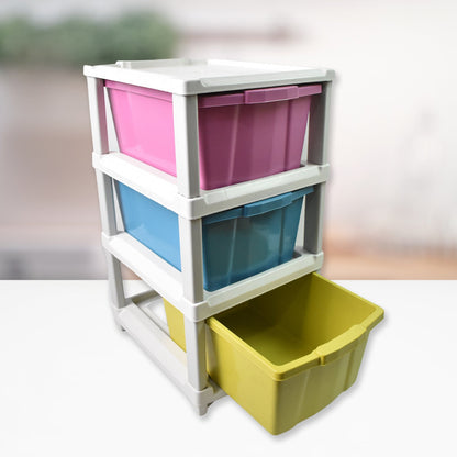 Empty 3-layer plastic storage drawer unit, ready for organization.