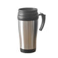 Stainless steel insulated coffee mug with lid and ergonomic handle.