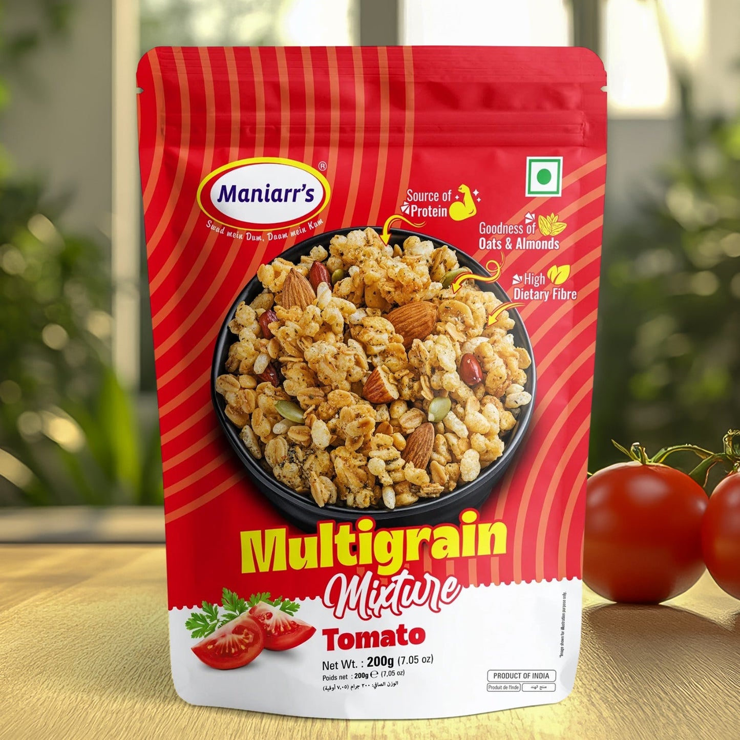 A hand holding a bowl of Maniarr's Tomato Roasted Multigrain Mixture, perfect for on-the-go snacking.