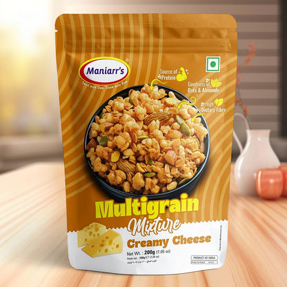 Back of Maniarr's Roasted Multigrain Mixture packet showing product details.