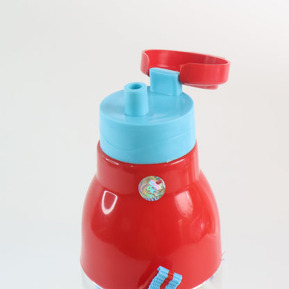 Transparent insulated water bottle with its lid open, showing interior.