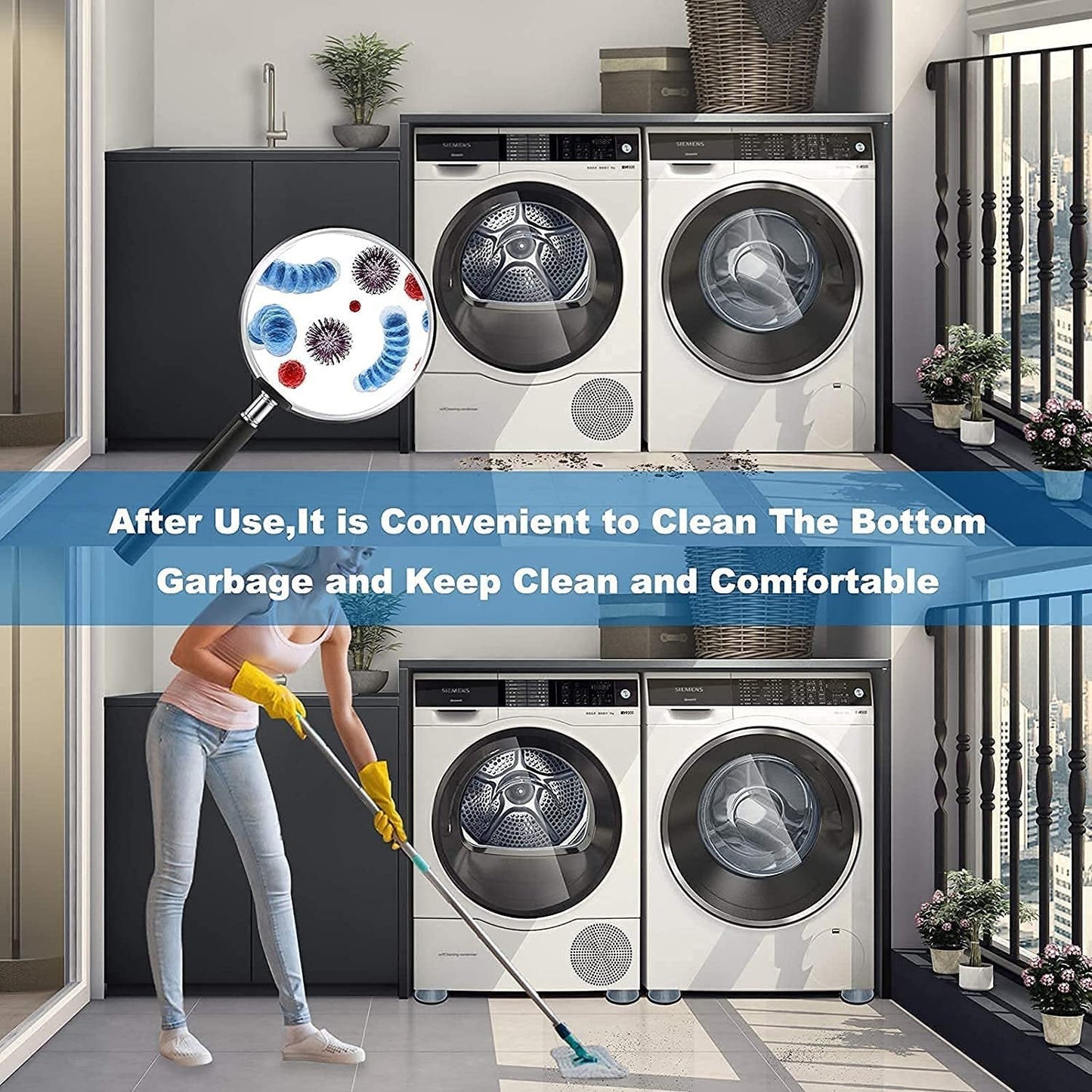 Noise reducing suction cup pads creating a quieter laundry experience.
