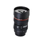 Camera lens shaped coffee mug with lid, perfect for photography enthusiasts.