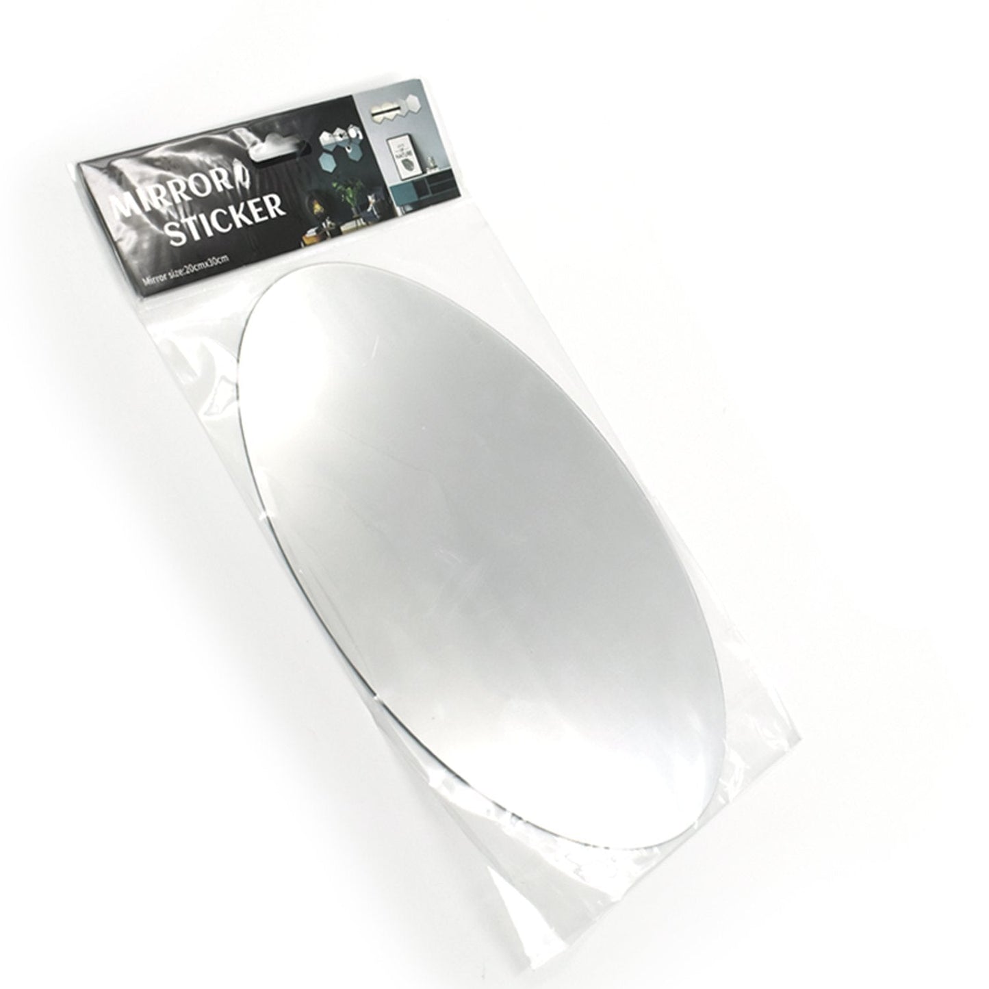 Hand demonstrating easy application of an oval adhesive bathroom mirror sticker.
