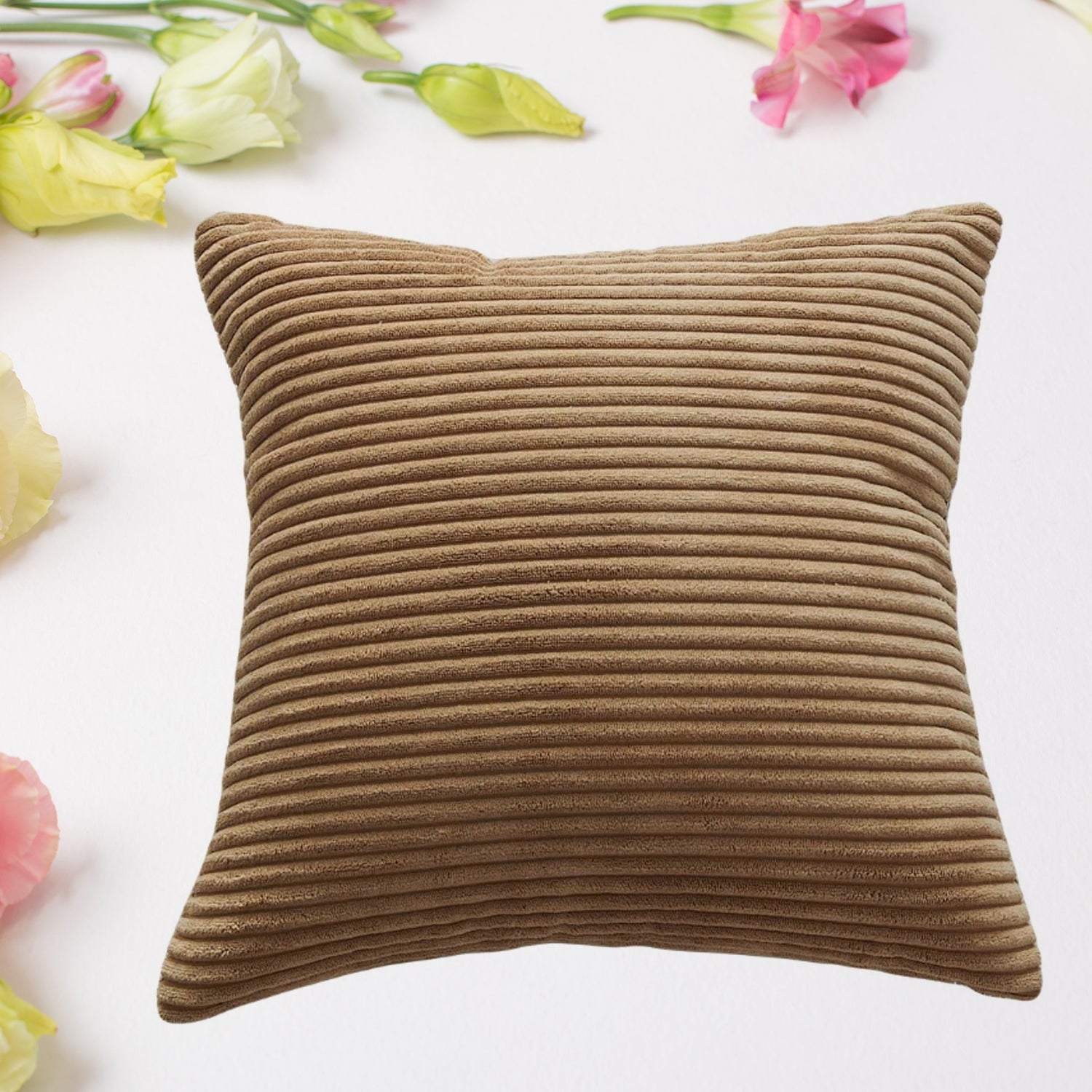 Soft corduroy 16x16 inch throw pillow cover on a modern beige sofa.