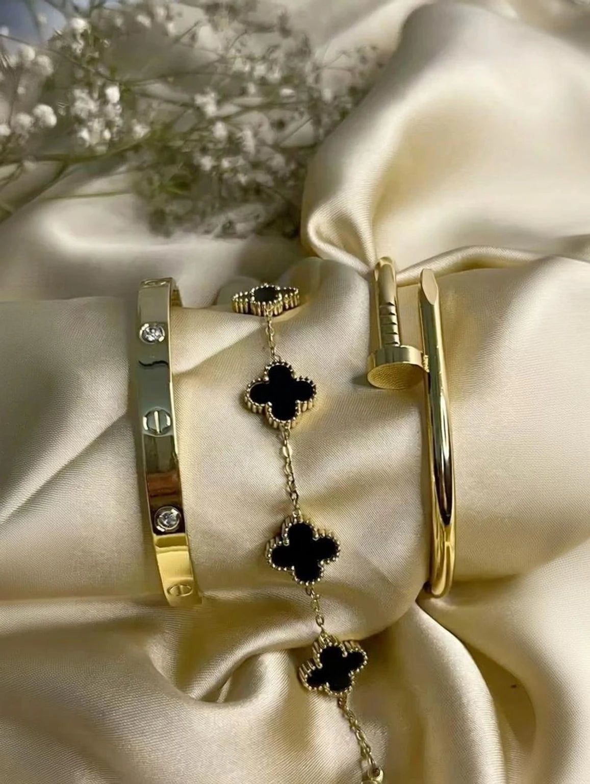 Clover Bracelet, Nail Bracelet and Cartier Bracelet Combo for Women and girls( COLOR-Gold, White, Black)