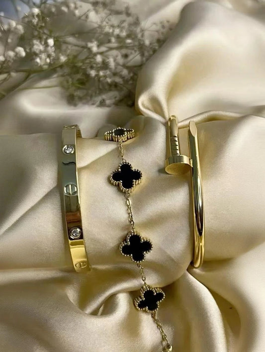 Clover Bracelet, Nail Bracelet and Cartier Bracelet Combo for Women and girls( COLOR-Gold, White, Black)