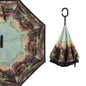 Printed reverse umbrella showcasing its unique inverted folding design.
