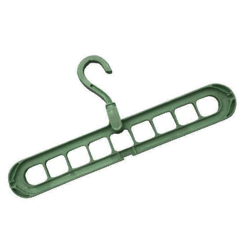 Durable plastic anti-skid hanger showcasing its 9-hole design for multiple garments.
