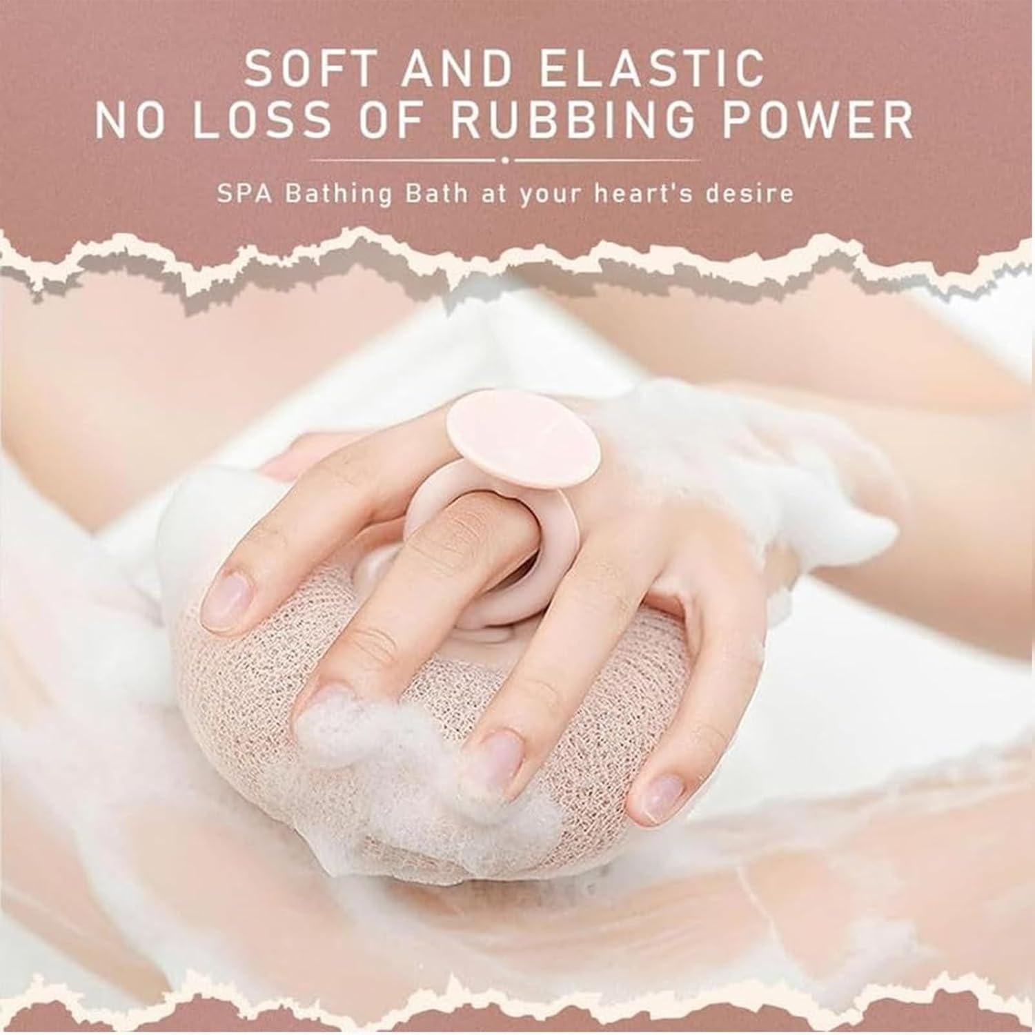 Round scrub ball in soft mesh material providing gentle body exfoliation