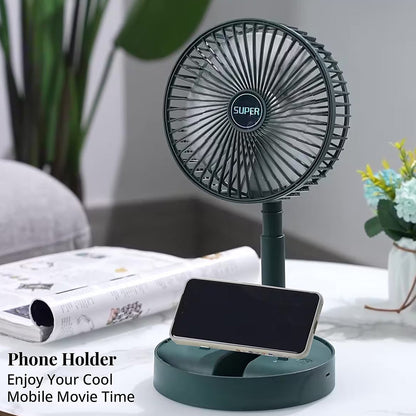 Portable rechargeable desk fan with mobile phone holder for personal cooling