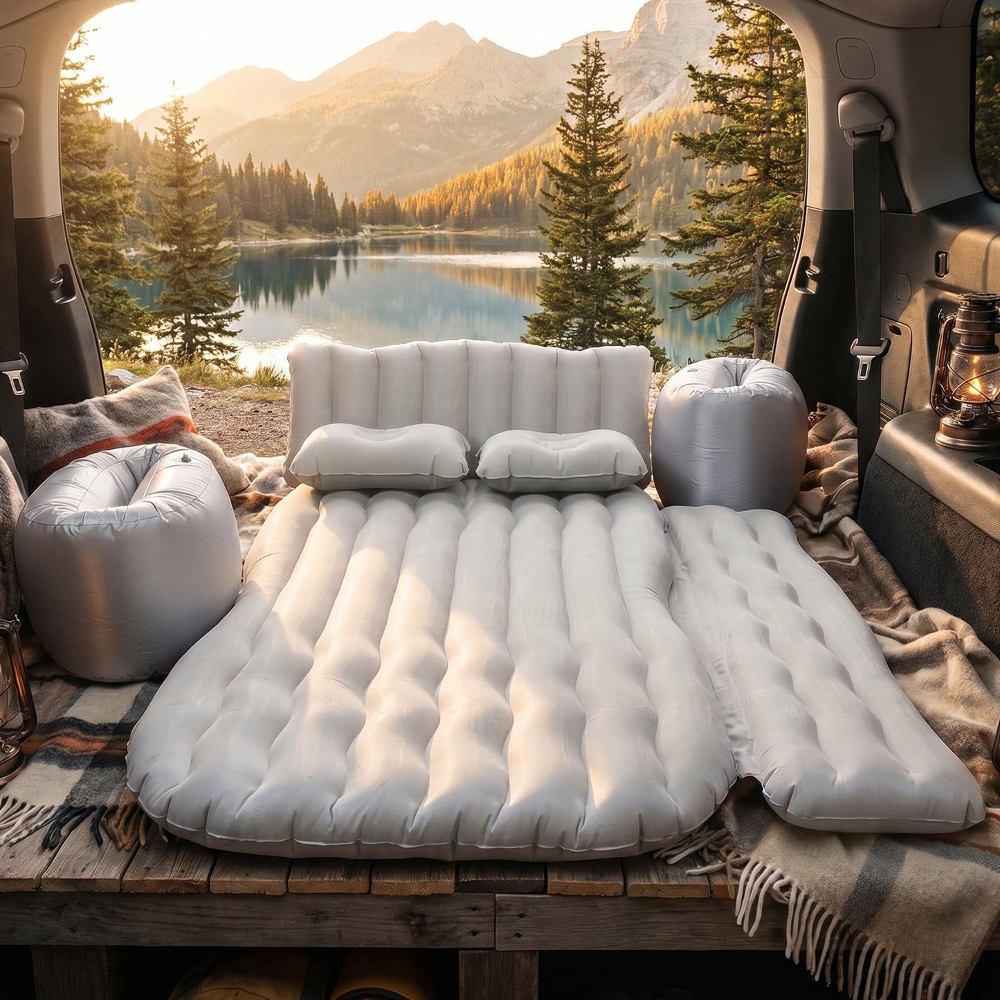Inflatable car air mattress ready for camping or travel