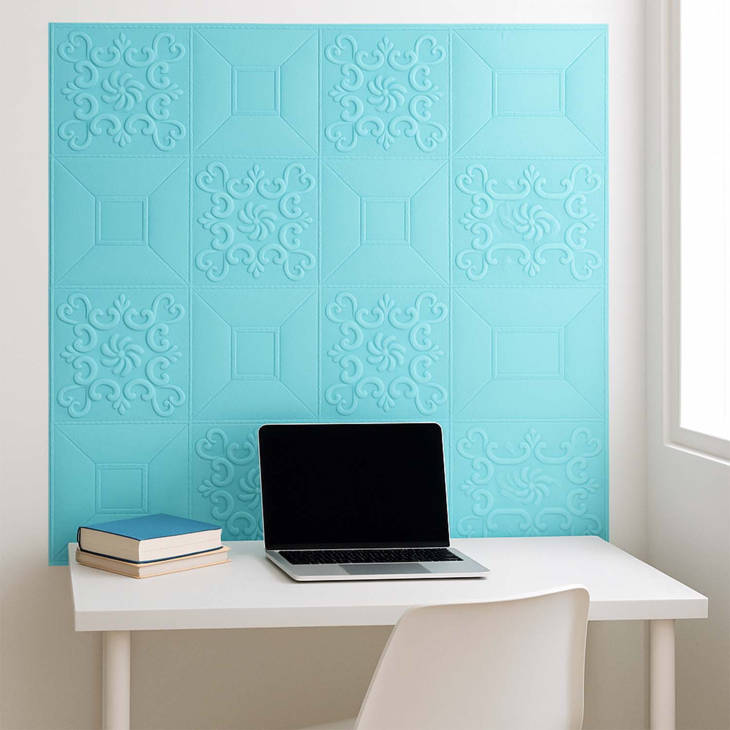 Single wallpaper sheet of 3D foam wall panel in cyan shade