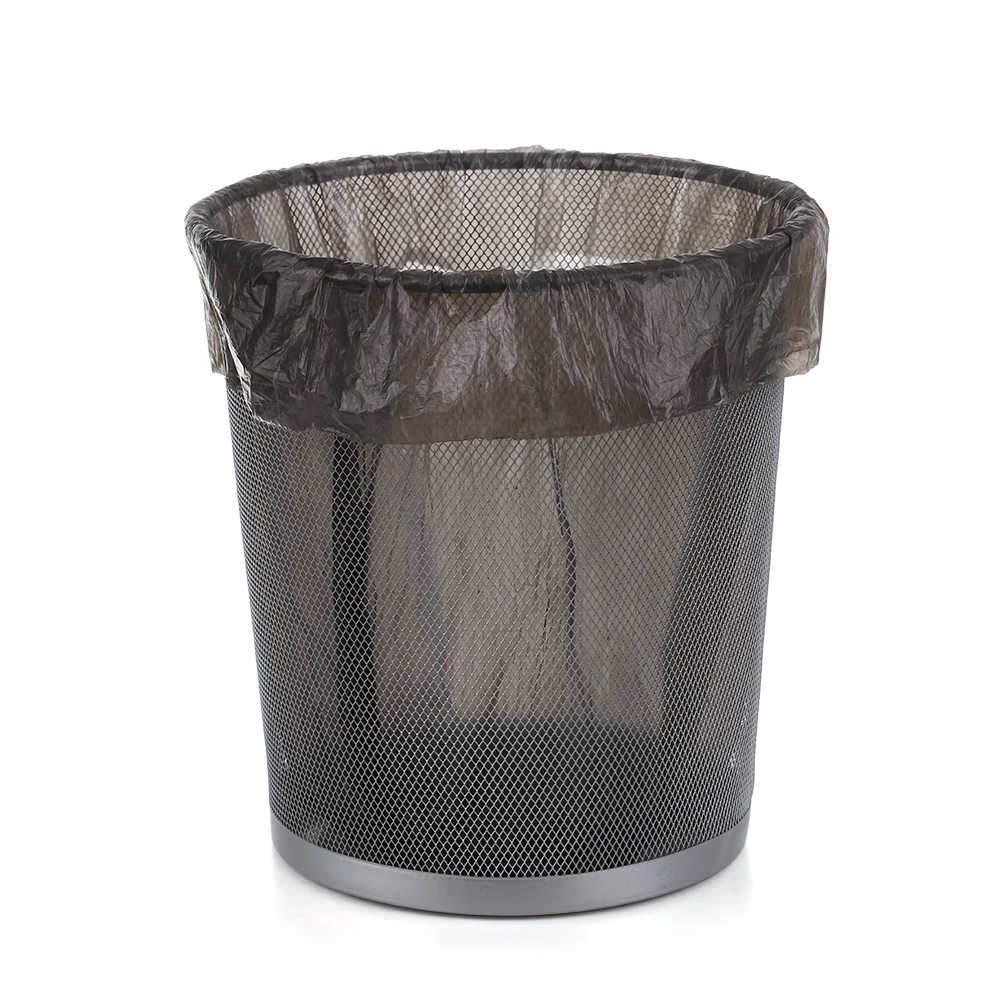 Eco-friendly small black trash bags (17x19 inches) in a stack for use.