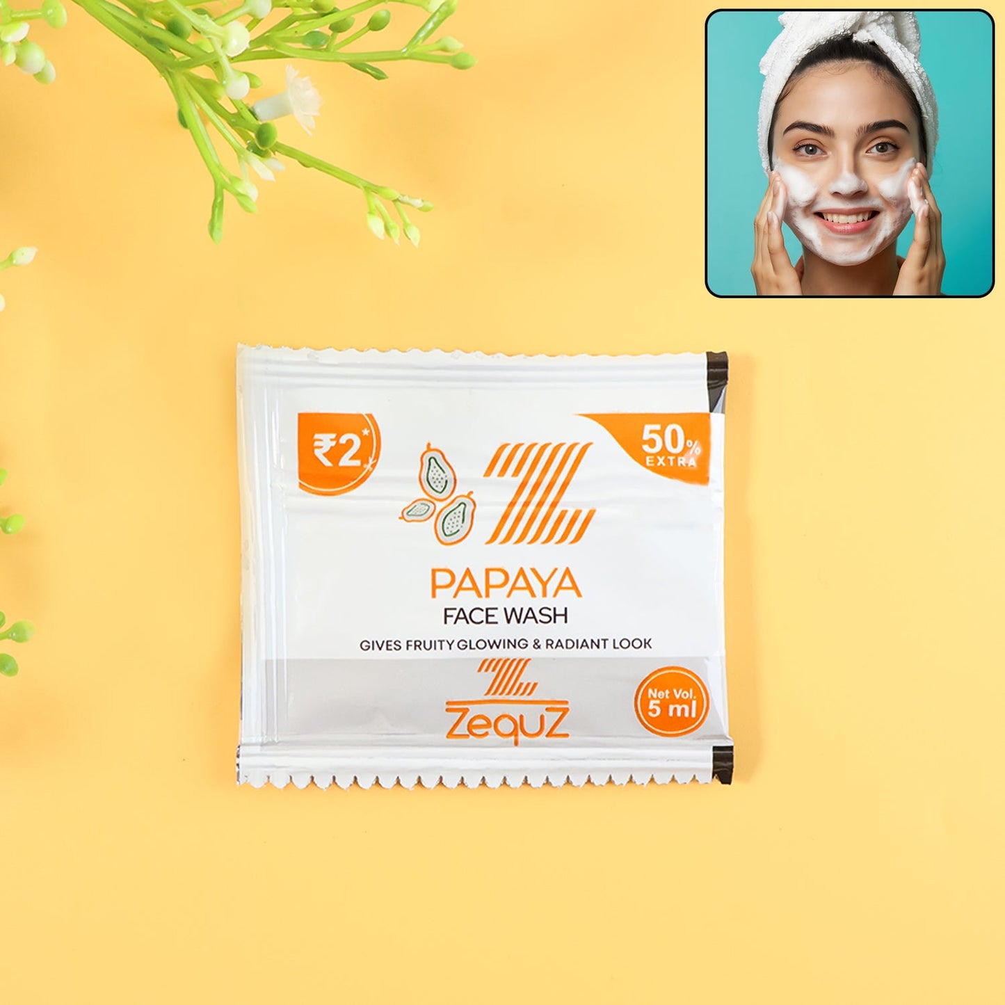 Papaya Face Wash sachet pack with fresh papaya fruit image