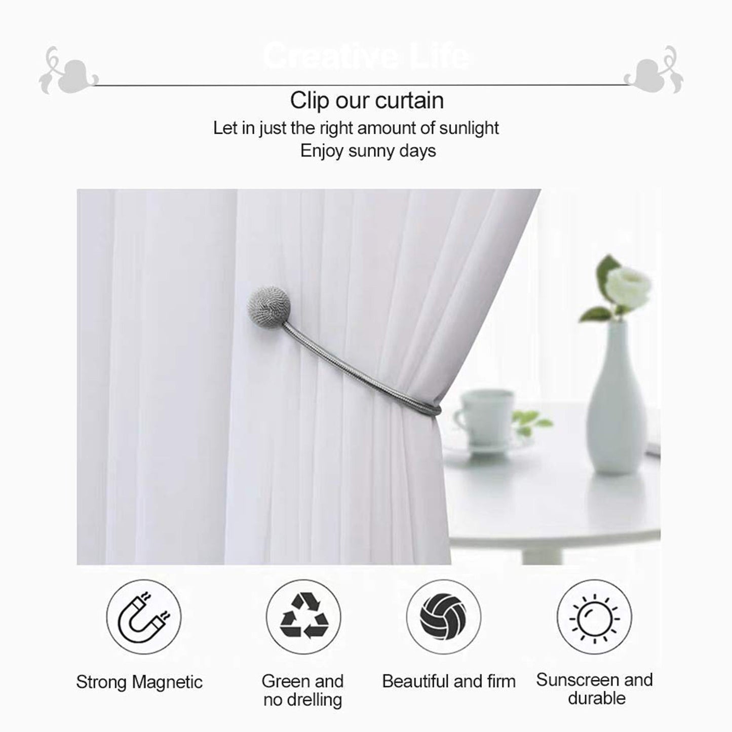 Magnetic curtain holdback with its two magnetic balls snapped together.