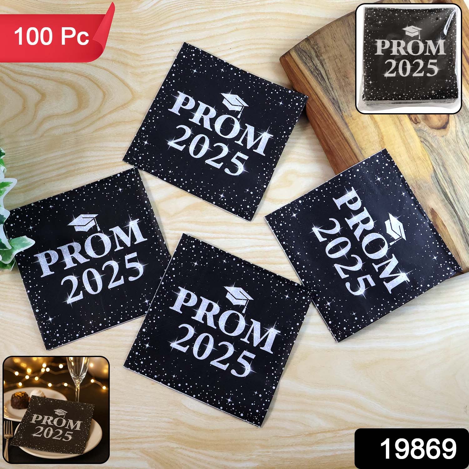 Close-up of disposable Prom 2025 party napkin with graduation theme