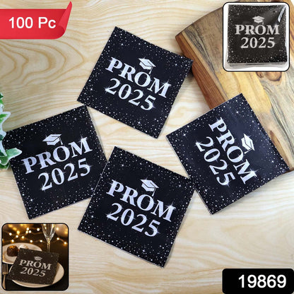 Close-up of disposable Prom 2025 party napkin with graduation theme