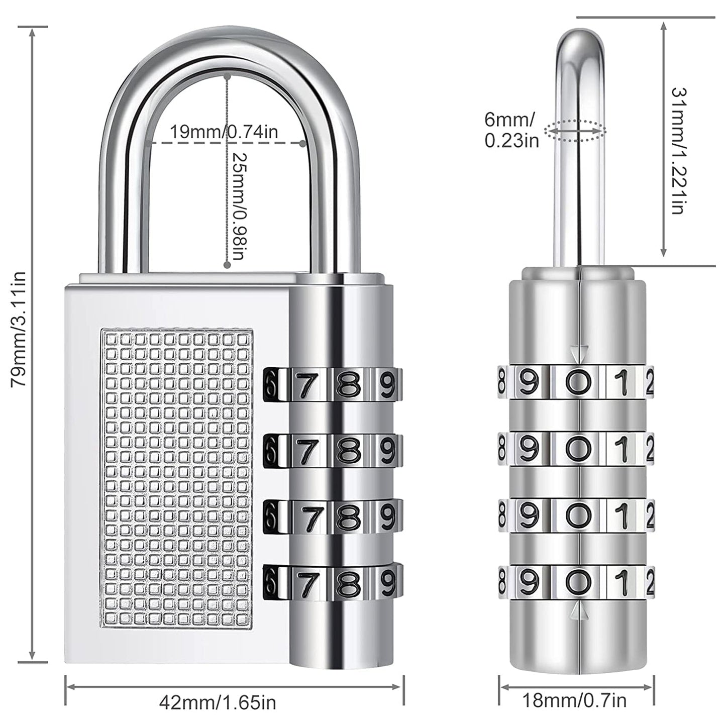 Padlock size comparison image showing length, width, and height