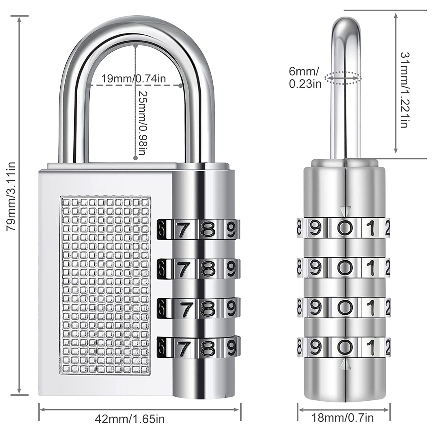 Padlock size comparison image showing length, width, and height