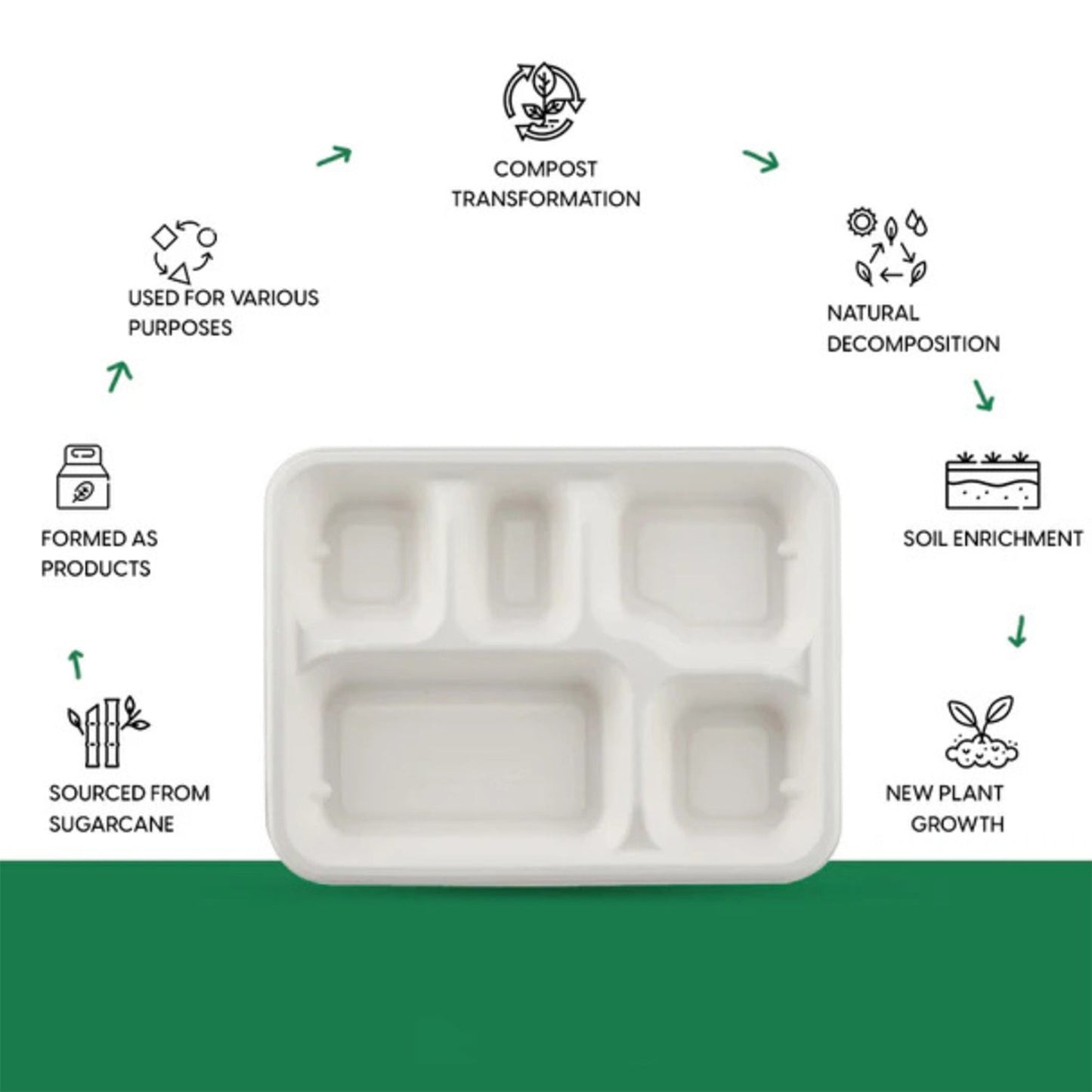 Stacked compostable 5-compartment lunch plates designed for easy storage