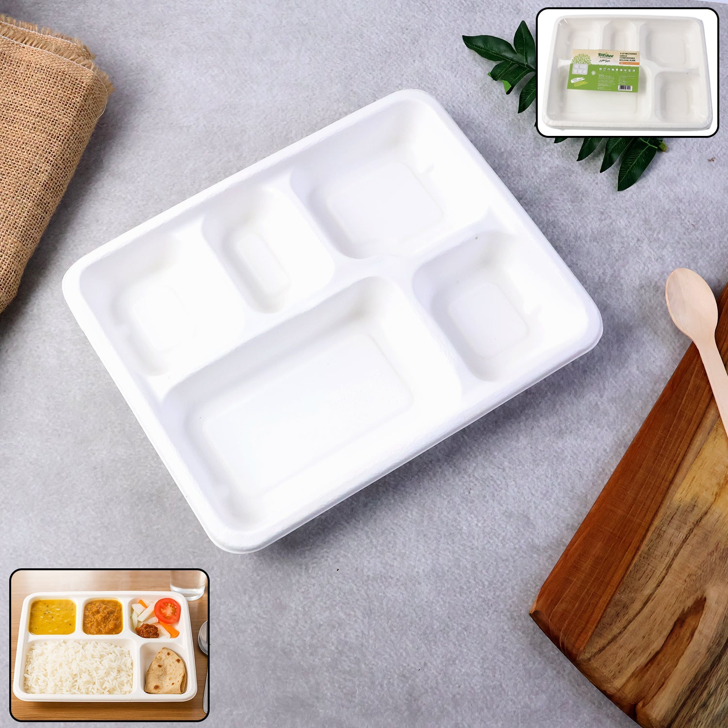 Eco-friendly compostable 5-compartment lunch plate with separate sections for balanced meals
