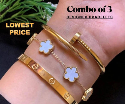 Clover Bracelet, Nail Bracelet and Cartier Bracelet Combo for Women and girls( COLOR-Gold, White, Black)
