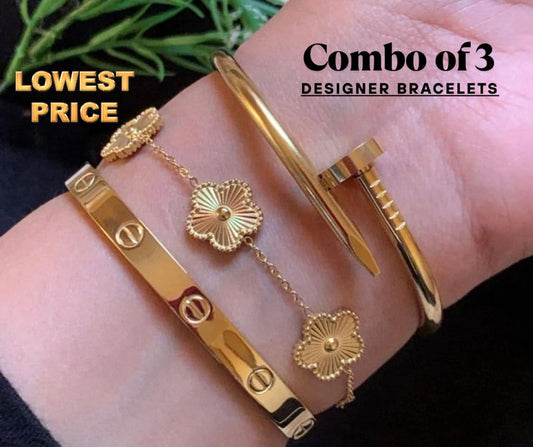 Clover Bracelet, Nail Bracelet and Cartier Bracelet Combo for Women and girls( COLOR-Gold, White, Black)